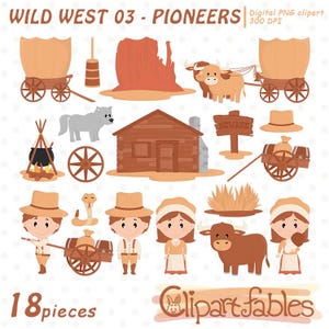 Imágenes prediseñadas de PIONEER, imágenes prediseñadas del salvaje oeste, primeros colonos, diseño de Prairie Schooner para niños - PNG digital, descarga instantánea