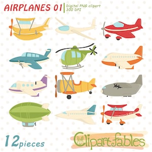 Clipart de AVIÃO, Ilustrações de avião, Helicóptero e avião de passageiros, Gráficos de biplano e planador para crianças - Download INSTANTÂNEO