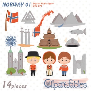 Puede incluir: Un conjunto de 14 imágenes de clipart digital que representan varios símbolos e ilustraciones que representan a Noruega. El conjunto incluye una bandera, un mapa, una iglesia, un casco vikingo, una espada, un copo de nieve, un pez y dos personas con ropa tradicional. El texto "NORWAY 01" y "14 pieces" también se incluye en la imagen.