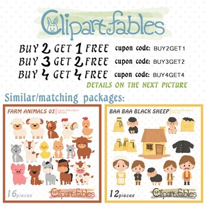 May include: Two sets of digital clipart illustrations. The first set is titled "Farm Animals 03" and features 16 farm animals, including a pig, cow, chicken, duck, sheep, and cat. The second set is titled "Baa Baa Black Sheep" and features 12 illustrations of sheep, a shepherd, a house, and bags of wool.