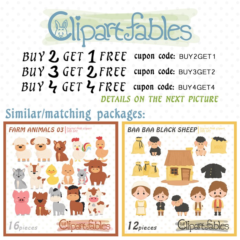 May include: Two sets of digital clipart illustrations. The first set is titled "Farm Animals 03" and features 16 farm animals, including a pig, cow, chicken, duck, sheep, and cat. The second set is titled "Baa Baa Black Sheep" and features 12 illustrations of sheep, a shepherd, a house, and bags of wool.