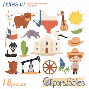 TEXAS STATE Clipart, Texas Symbole, Cowboy Kunst, Illustration Karte und Flagge, Alamo design, digitale Clipart - INSTANT Download, Printable