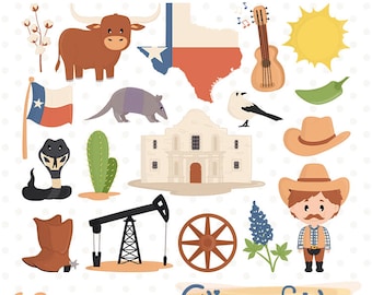 TEXAS STATE clipart, Texas symbols, Cowboy art, Map and Flag illustration, Alamo design, Digital clipart - INSTANT download, Printable