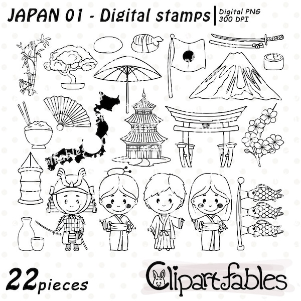 Cute JAPAN digital stamps, Japanese outline, Travel clipart, Pagoda, Samurai, Bamboo, Sushi, Bonsai, Geisha stamps - INSTANT download,