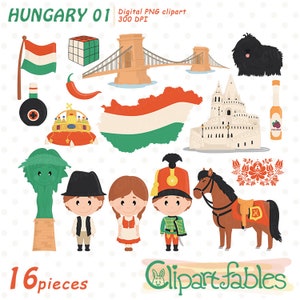 HUNGARY clipart, BUDAPEST, Traditional hungarian costume, Rubik&#39;s cube and brandy, Famous buildings, Hungarian symbols, Icons