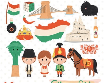 Cute HUNGARY clipart, BUDAPEST, Traditional hungarian costume, rubik's cube and brandy, Famous buildings, Hungarian symbols, icons