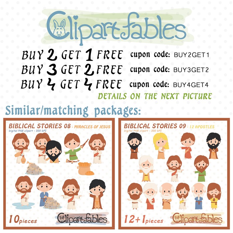 May include: A digital clipart set of 10 illustrations of Jesus performing miracles, and a set of 12 illustrations of the 12 Apostles. The image includes the text "Biblical Stories 08 - Miracles of Jesus" and "Biblical Stories 09 - 12 Apostles".