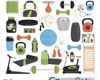 FITNESS clipart, Zestaw clipartów sprzętu do ćwiczeń, Trening, Joga, Ćwiczenia zdrowotne - NATYCHMIASTOWE pobieranie, Cyfrowe PNG