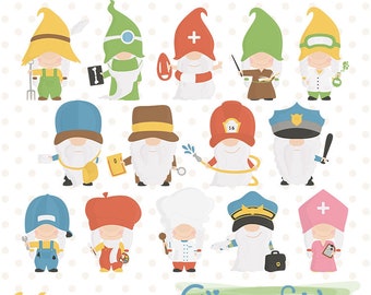 Cute GNOME PROFESSIONS clipart, Nurse, Lifeguard, Police officer, Forest gnomes, Fairy tale creatures, INSTANT download, Digital design