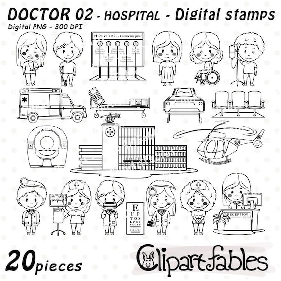 HOSPITAL digital stamps, Medical clipart, Cute Nurse and Doctor outline, Line art - INSTANT download, Digital PNG, Printable design for kids