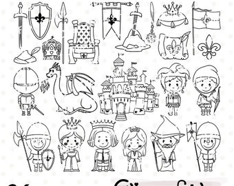 MEDIEVAL digital stamps, Fairy tale, Arthur clipart, Colouring, Medieval castle, Cute dragon stamp - INSTANT download, Digital design