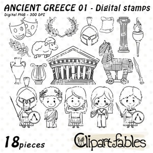 Tampons numériques GRÈCE ANCIENNE, Contour de voyage, Sparte, coloriage du roi Léonidas, cheval de Troie - Civilisation ancienne - Téléchargement instantané