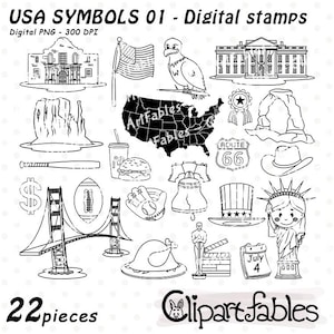 Símbolos nacionais dos EUA - Selos digitais, Estados Unidos da América, Bandeira dos EUA, Ícones americanos, Contorno, Edifícios famosos - Instantâneo, PNG digital