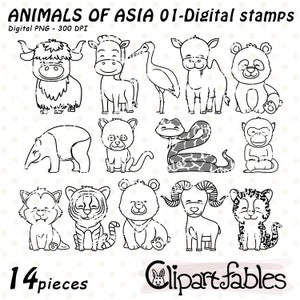 Lindos animales asiáticos - Sellos digitales, Contorno de PANDA, Animales bebés, Colorear, Diseño de guardería, Arte lineal - Descarga instantánea, PNG digital