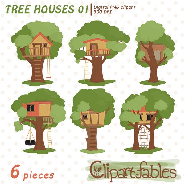 Cute TREE HOUSE clipart, Woodland houses, Foliage houses, Camping, Explore, Playground illustration - INSTANT download, Digital clipart