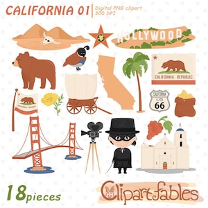 CALIFORNI STAAT clipart, reizen in de VS, Zorro-kunst, Golden Gate bridge-illustratie - Instant download, digitale png