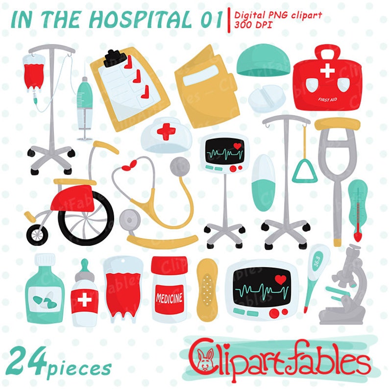 Cute HOSPITAL clipart, Medical supplies, Hospital art, Health, Medicine, First aid clip art INSTANT download, Digital design Printable image 1