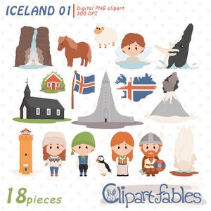 Clipart ISLANDA, Punti di riferimento di viaggio in Islanda, Edifici famosi, Simboli dell'Islanda - Download immediato, PNG digitale