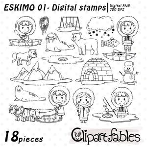 Sellos digitales ESKIMO, contorno de animales del Ártico, imágenes prediseñadas, Polo Norte, iglú, husky, para colorear - Descarga INSTANTÁNEA