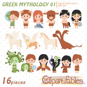 Cute GREEK MYTHOLOGY clipart, Ancient Greece, Immortal, Gorgon, Hydra, Pegasus, Faun, Mythical clipart - INSTANT download