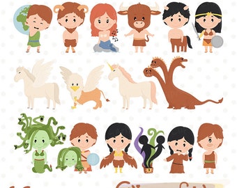 Cute GREEK MYTHOLOGY clipart, Ancient Greece, Immortal, Gorgon, Hydra, Pegasus, Faun, Mythical clipart - INSTANT download