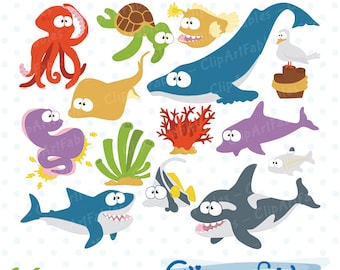 Cute UNDER the SEA clipart, Sea animal friends, Sea party decor, Shark, Whale decoration - INSTANT download, Printable, Digital download