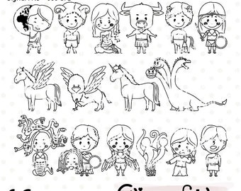 Cute GREEK MYTHOLOGY digital stamps, Ancient Greece, Immortal, Gorgon, Hydra, Pegasus, Faun outlines, Mythical stamps - INSTANT download