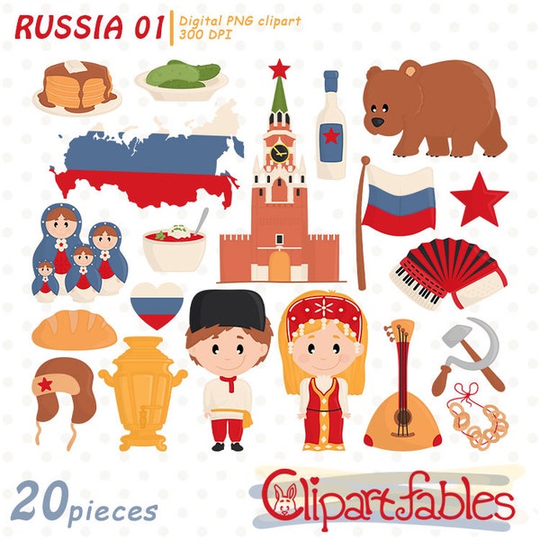 RUSSIA clipart, Matrioska clipart, Cute travel art, Balalaika, Matryoshka dolls, kids, Moscow Kremlin - Digital download, INSTANT download