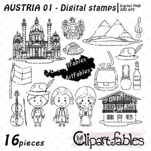 AUSTRIA digital stamps, Europe themed outline, Vienna, Cute Mozart line art, Austrian symbols - INSTANT download - digital PNG, Travel art