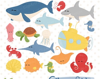 Cute SEA ANIMALS clipart, Under the sea clip art, Animal friends, Fish clipart, Sea creature, Ocean life -  INSTANT, Digital design for kids