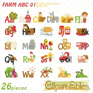 Alfabeto de granja, clipart, corral, alfabeto para niños, educativo para niños, inglés, arte infantil para niños - Descarga instantánea, imprimible, arte digital
