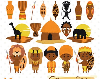 Cute AFRICA clipart, Zulu Tribe clipart, African culture, African warriors, Traditional african costume - INSTANT download, Digital clipart