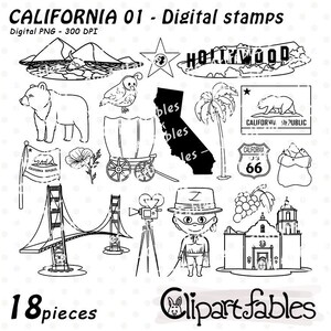 CALIFORNI STATE digitale postzegels, overzicht van de staat van de VS, California Republic, Zorro, Golden Gate bridge zeer fijne tekeningen - directe download, digitale png