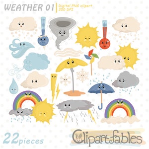 KAWAII WETTER Clipart, Clip Art Wolke, Wetter-Grafiken, Clip-Art-Set, Wetter-Symbole, Regenbogen - sofort download, bedruckbar