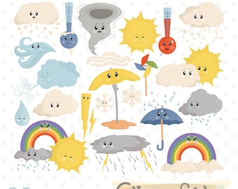 Cute KAWAII WEATHER Clipart, Cloud clip art, Weather Graphics, Forecast clip art set, Weather Icons, Rainbow - INSTANT download, Printable