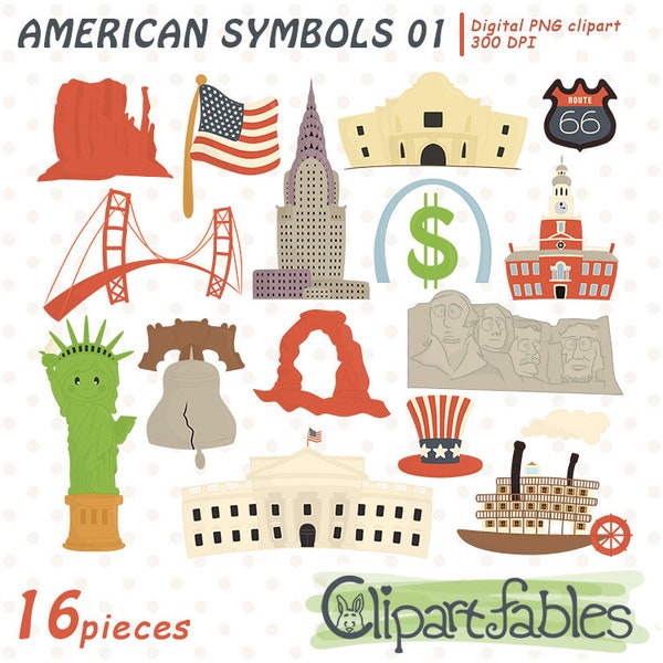 Cute USA National Symbols Clipart, Travel clip art, United States Of America, USA Flag, American Icons, Famous buildings - INSTANT download