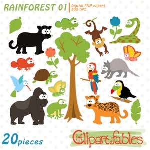May include: A set of 20 colourful cartoon rainforest animal illustrations, including a toucan, monkey, jaguar, chameleon, and a butterfly. The illustrations are perfect for creating invitations, cards, or other crafts.