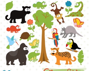 RAINFOREST clipart, Cute wild animals clip art, Jungle, Chameleon, Toucan and Monkey art - INSTANT download, Printable, Digital download