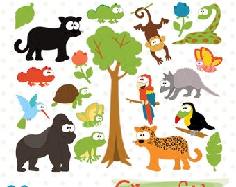 Imágenes prediseñadas de SELVA TROPICAL, imágenes prediseñadas de animales salvajes lindos, arte de la selva, camaleón, tucán y mono - Descarga INSTANTÁNEA, imprimible, descarga digital