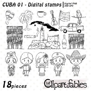 Cyfrowe znaczki CUBA, Hawana, muzyka salsa, zarys El Morro na Kubie, rysunki dzieci tancerzy, tradycyjny strój kubański - NATYCHMIASTOWE pobranie