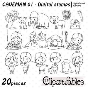 ICE AGE digital stamps, CAVEMAN outline, Prehistoric design, Stone age characters, Paleo art, Digital clipart, Instant download, Digital png