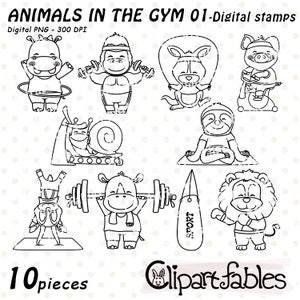 Sellos digitales ANIMALES en el GIMNASIO, Arte de atletas lindos, Animales divertidos haciendo ejercicio, Yoga, Entrenamiento, Rutina de ejercicios, Contorno, Colorear, Arte lineal