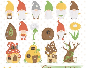 GNOME clipart, Woodland clip art, Forest gnomes, Mushroom houses, Fairy tale clip art - INSTANT download, Printable, Digital design