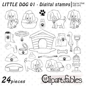 Sellos digitales de cachorros, imágenes prediseñadas de perros, mascota, contorno de cachorro de perro, patas, murciélago, guau, aseo de perros, arte lineal de animales bebés, colorear - descarga INSTANTÁNEA