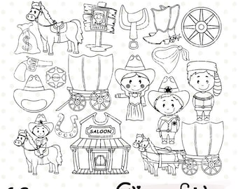 Cute COWBOY digital stamps, Western clipart, Sheriff, Prairie Schooner, Saloon, Wild west outline - INSTANT Download, Printable