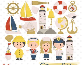 Cute NAUTICAL clipart, Yacht, Sailor kids, Sailing, Lighthouse, Ocean themed clip art sets - Printable, INSTANT digital download