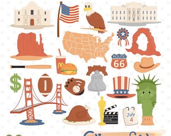 USA National symbols clipart, Travel, United States of America, USA Flag, American Icons, Famous buildings - Instant download, Digital PNG