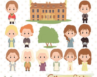 May include: A set of 14 cartoon illustrations featuring characters from the novel Pride and Prejudice. The illustrations include a two-story house, a tree, and characters such as Mr. Darcy, Elizabeth Bennet, and Mr. Bingley. The illustrations are in a cartoon style with bright colors and simple lines.