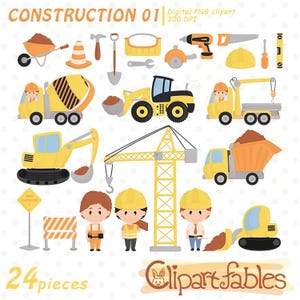 AUFBAU Clipart, digital druckbare Kunst, LKW Clip Art, Bulldozer, Kran, Bunt Baukunst, Fahrzeuge - SOFORT Download