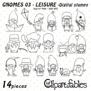 Timbri digitali GNOME, Clipart TEMPO LIBERO, Hobby degli gnomi, Colorazione, Tempo libero, Schema della fiaba - Download IMMEDIATO, Design digitale